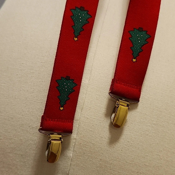 Red Holiday Christmas Tree Suspenders Elastic Adjustable CAS West Germany OS - Picture 7 of 7